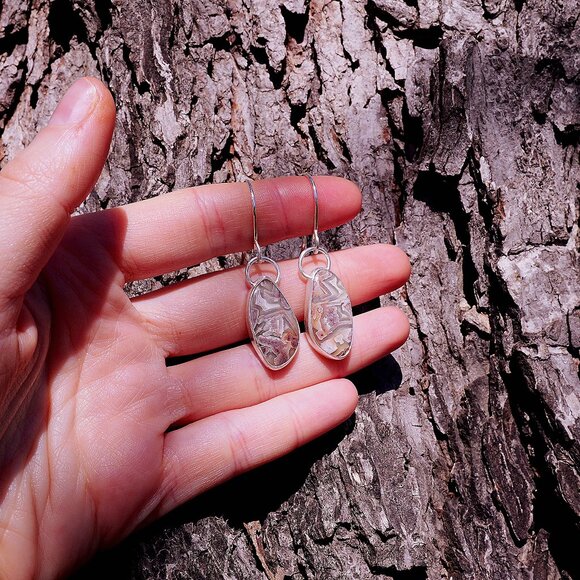 Earthbound Elegance: Crazy Lace Agate Earrings, Handmade by Me, Sterling Silver - Picture 2 of 5